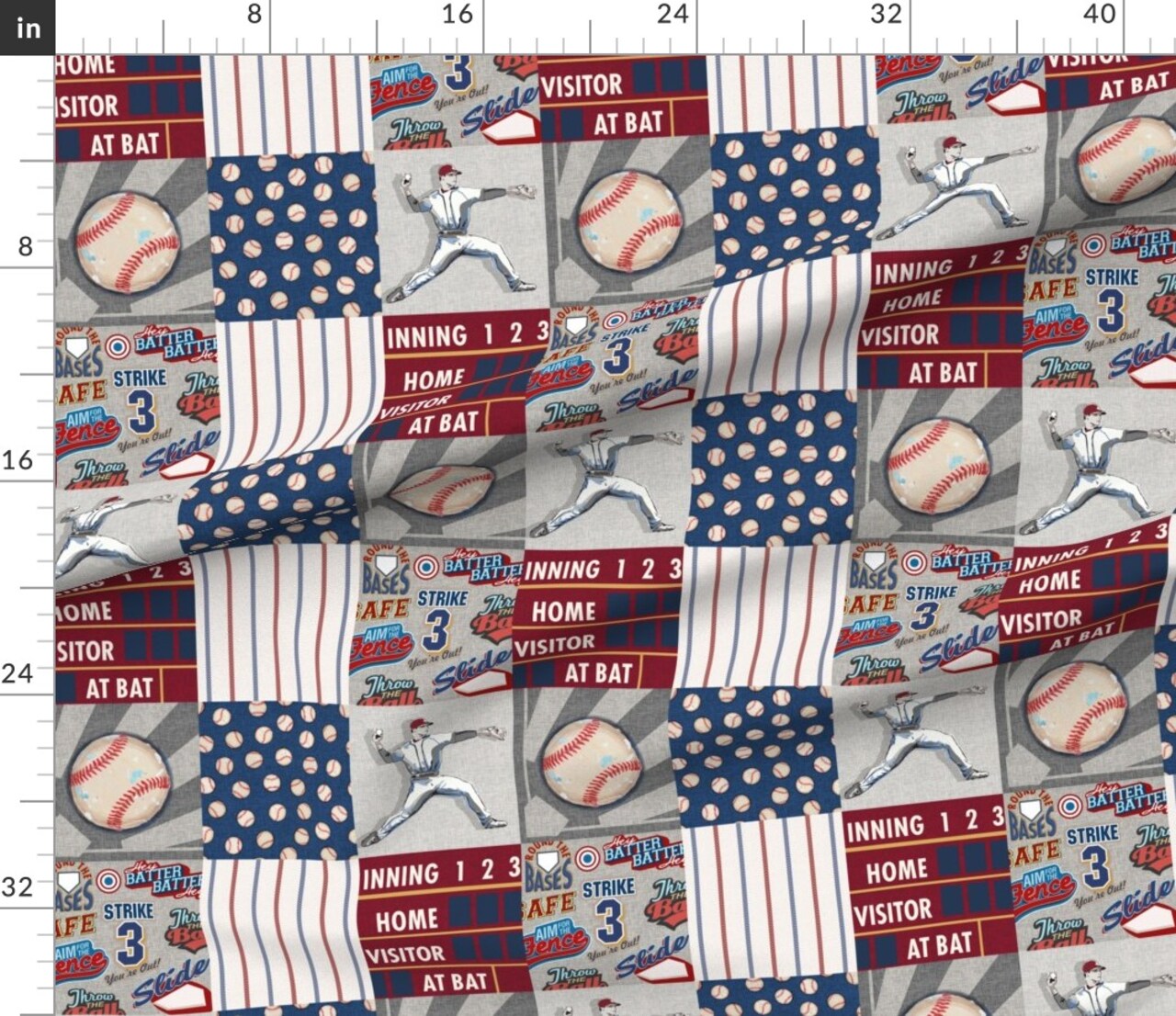 Various Fabrics by the Yard or Fat Quarter Baseball Patchwork Pitcher Red White Blue Quilt Topper Wholecloth Cheater Quilt Summer Sport America Usa 4Th Of July Custom Printed Fabric by Spoonflower